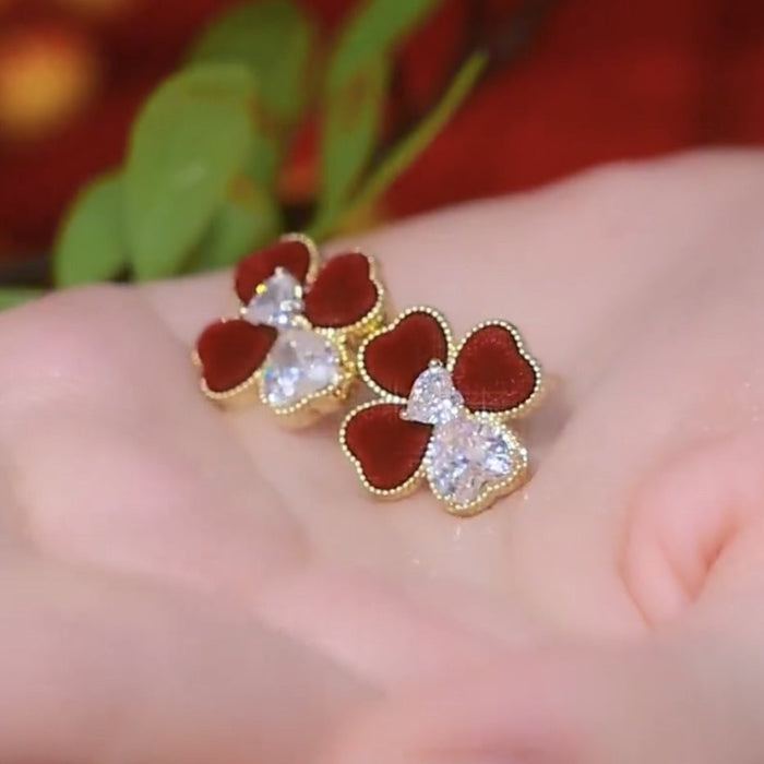 18K Gold Plated Copper Zircon Heart Flower Stud Earrings With Silver Pins, Light Luxury Court Style