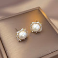 14K Gold Plated Silver Pin Round Zircon Faux Pearl Stud Earrings For Women Light Luxury view 1