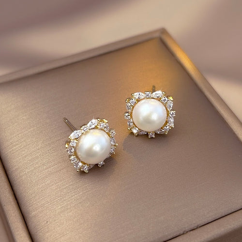 14K Gold Plated Silver Pin Round Zircon Faux Pearl Stud Earrings For Women Light Luxury