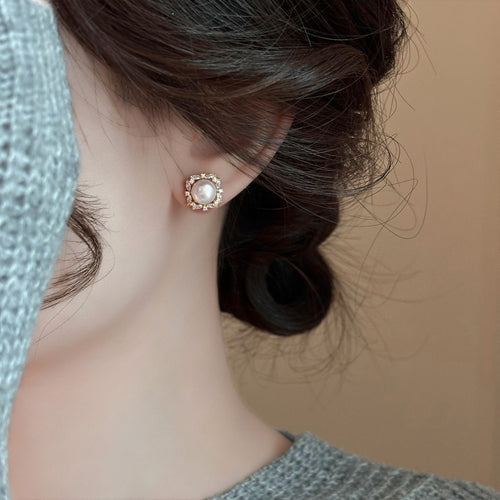 14K Gold Plated Silver Pin Round Zircon Faux Pearl Stud Earrings For Women Light Luxury