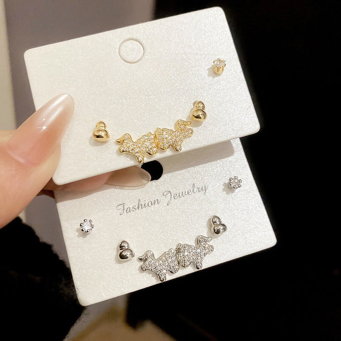 Light Luxury Copper Zircon Horse Stud Earrings Jewelry Set With Gourd Charm