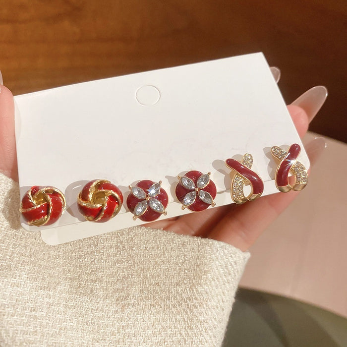 Light Luxury Red Floral Alloy Jewelry Set With Rhinestone Oil Drop Silver Needle Stud Earrings