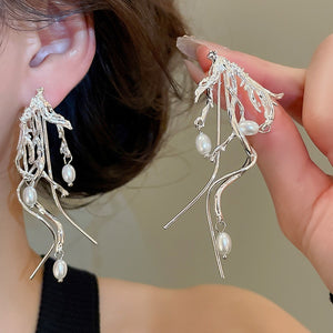 Irregular Faux Pearl Tassel Drop Earrings With Silver Needle, Light Luxury Minimalist Women's Jewelry