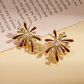 Copper Red Enamel Firework Flower Zircon Drop Earrings With Silver Pins, Vintage Old Money Style view 1