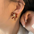Copper Red Enamel Firework Flower Zircon Drop Earrings With Silver Pins, Vintage Old Money Style view 4