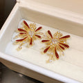 Copper Red Enamel Firework Flower Zircon Drop Earrings With Silver Pins, Vintage Old Money Style view 3
