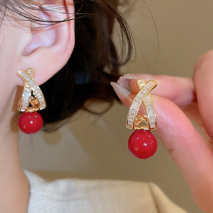 Gold Plated Resin Zircon Cross Stud Earrings, Vintage Light Luxury Geometric Round Jewelry