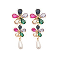Gold Plated Rhinestone Flower Faux Pearl Stud Earrings Vintage Dopamine Luxury Statement Jewelry view 5