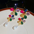 Gold Plated Rhinestone Flower Faux Pearl Stud Earrings Vintage Dopamine Luxury Statement Jewelry view 3
