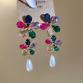 Gold Plated Rhinestone Flower Faux Pearl Stud Earrings Vintage Dopamine Luxury Statement Jewelry view 1