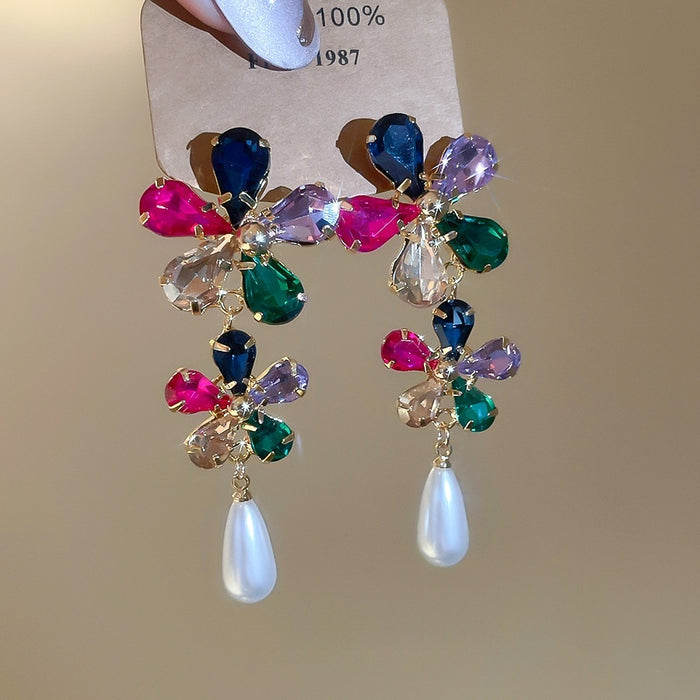 Gold Plated Rhinestone Flower Faux Pearl Stud Earrings Vintage Dopamine Luxury Statement Jewelry