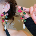 Gold Plated Rhinestone Flower Faux Pearl Stud Earrings Vintage Dopamine Luxury Statement Jewelry view 2