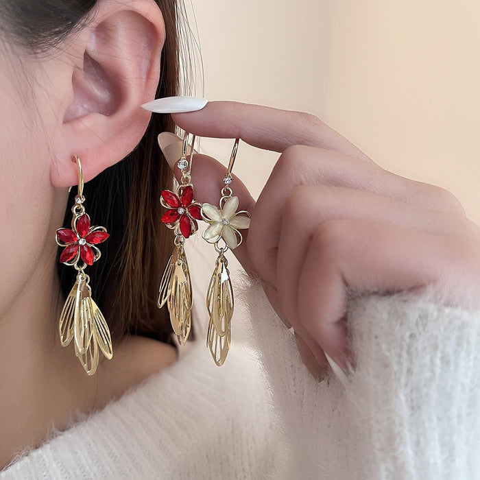 French Vintage Luxury Flower Rhinestone Alloy Leaf Tassel Dangle Statement Women's Earrings