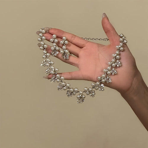 Rhinestone Flower Faux Pearl Earrings And Necklace Jewelry Set Vintage Court Light Luxury Style