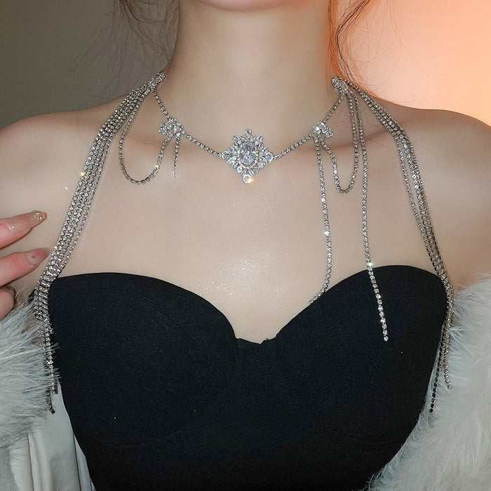 Light Luxury Copper Zircon Tassel Geometric Collarbone Necklace For Women