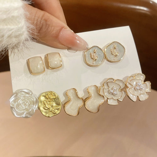 Light Luxury Floral Faux Pearl Stud Earrings Jewelry Set With Silver Needle Oil Drop Design