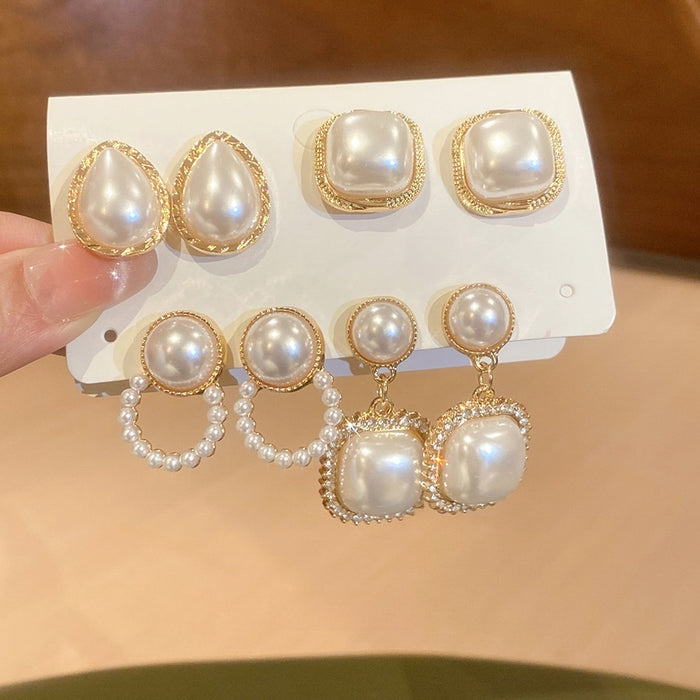 Faux Pearl Square Rhinestone Stud Earrings Jewelry Set Light Luxury Vintage Style
