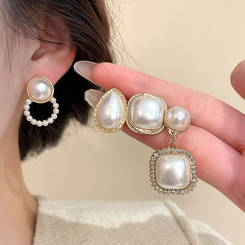 Faux Pearl Square Rhinestone Stud Earrings Jewelry Set Light Luxury Vintage Style