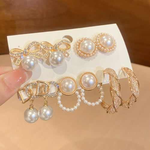 Light Luxury Faux Pearl Bow Round Rhinestone Stud Earrings Jewelry Set