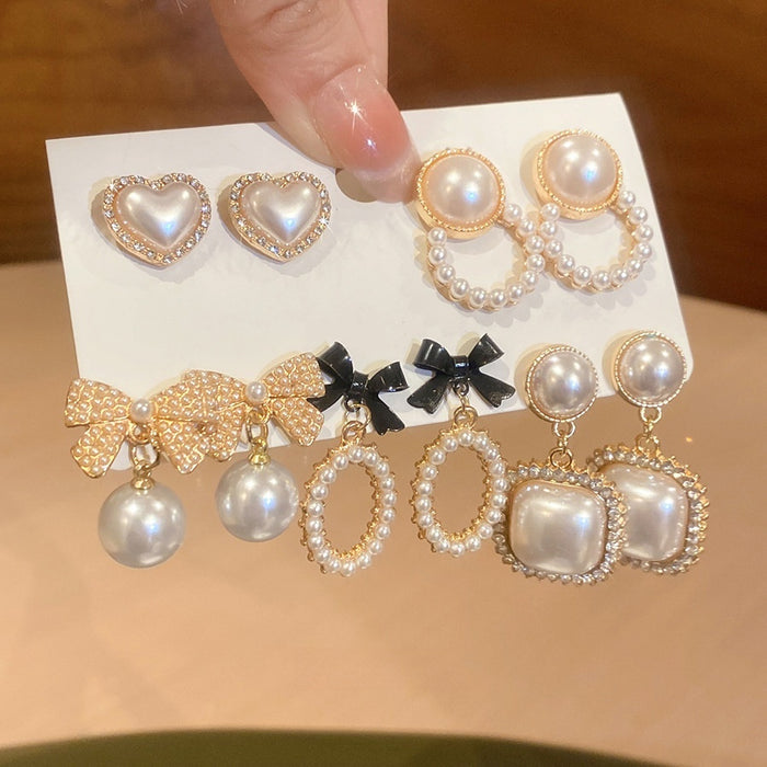 Faux Pearl Rhinestone Bow Stud Earrings Jewelry Set, French Vintage Old Money Style