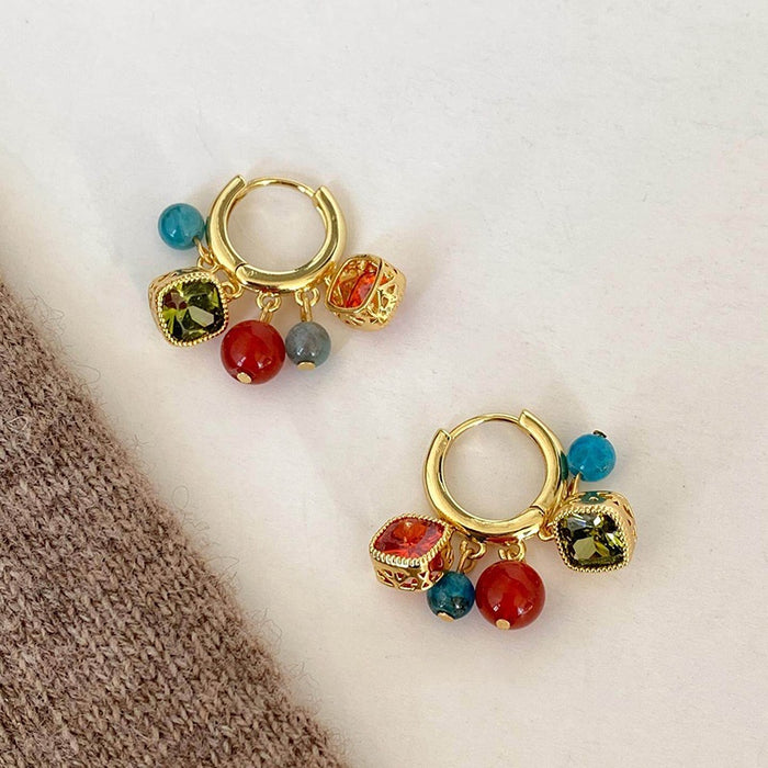 Ethnic Vintage Agate Beaded Round Tassel Drop Earrings With Zircon Accent Geometric Design