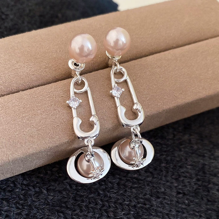 Light Luxury Faux Pearl Zircon Saturn Star Tassel Drop Earrings With Silver Pins