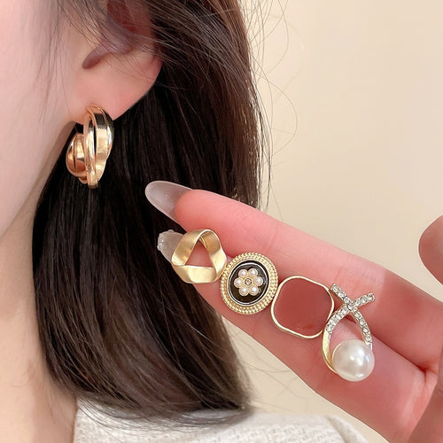 Light Luxury Geometric Square Faux Pearl Rhinestone Enamel Stud Earrings Jewelry Set