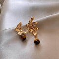 Maillard Style Asymmetric Flower Tiger Eye Alloy Drop Earrings With Silver Needle view 3