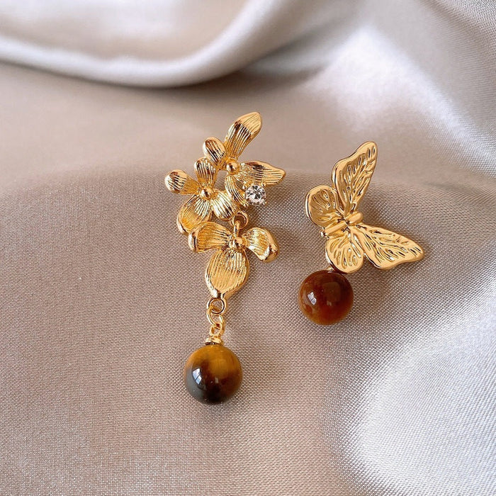 Maillard Style Asymmetric Flower Tiger Eye Alloy Drop Earrings With Silver Needle
