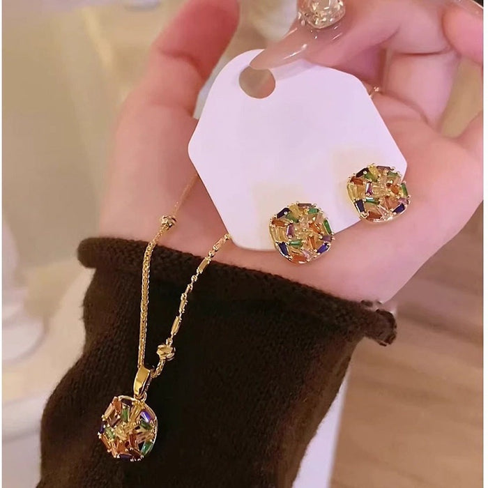 18K Gold Plated Copper Zircon Square Earrings Necklace Jewelry Set Vintage Luxury Choker