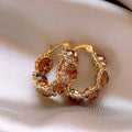 18K Gold Plated Copper Round Rhinestone Huggie Earrings, Vintage Light Luxury Style view 3