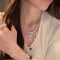 French Bow Faux Pearl Necklace Bracelet Jewelry Set Elegant Light Luxury Office Style view 3
