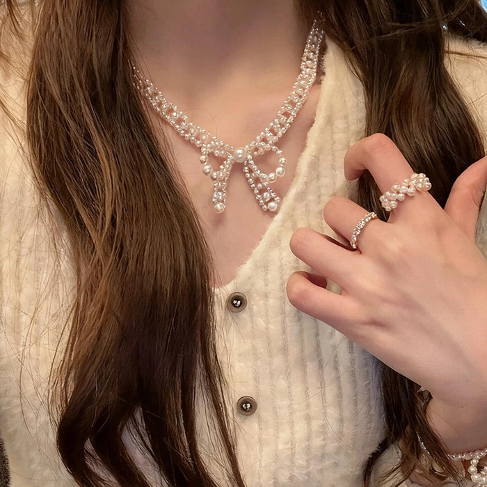 French Bow Faux Pearl Necklace Bracelet Jewelry Set Elegant Light Luxury Office Style