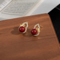 Elegant Red Gourd Stud Earrings With Rhinestone Inlaid Alloy Silver Pins For New Year Luxury Women Earrings view 2