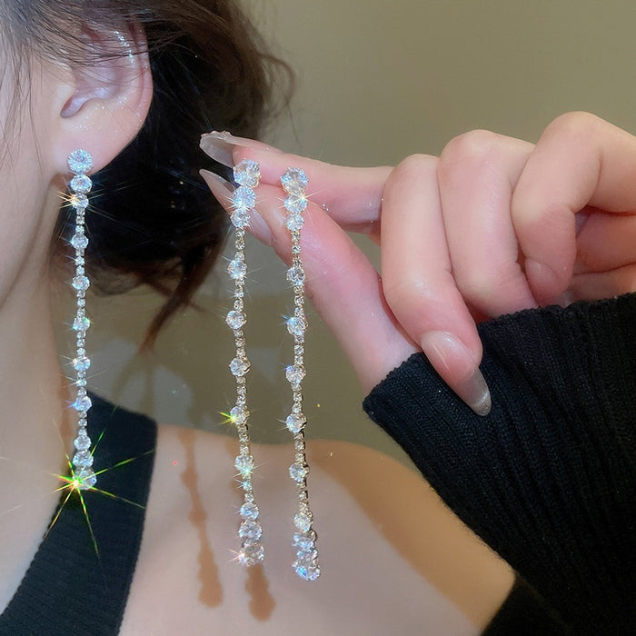Light Luxury Copper Zircon Waterdrop Tassel Drop Earrings With Silver Posts For Women