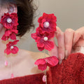 Red Fabric Flower Crystal Tassel Drop Earrings Resort Beach Floral Boho Statement Jewelry view 4