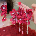 Red Fabric Flower Crystal Tassel Drop Earrings Resort Beach Floral Boho Statement Jewelry view 1