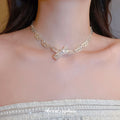 Korean Style Alloy Wrinkled Bow Pearl Choker Necklace Light Luxury Minimalist Collarbone Chain view 3