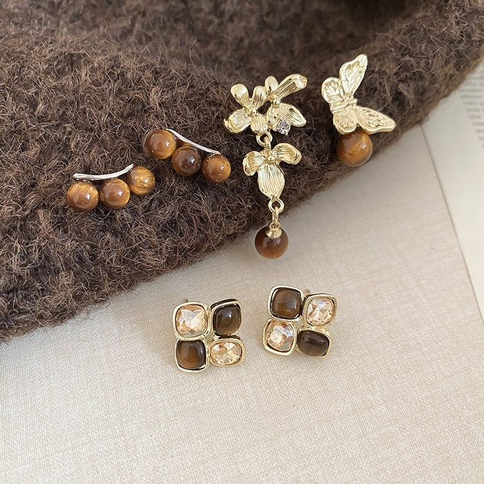 Maillard Style Brown Resin Flower Tassel Drop Earrings With Silver Pins