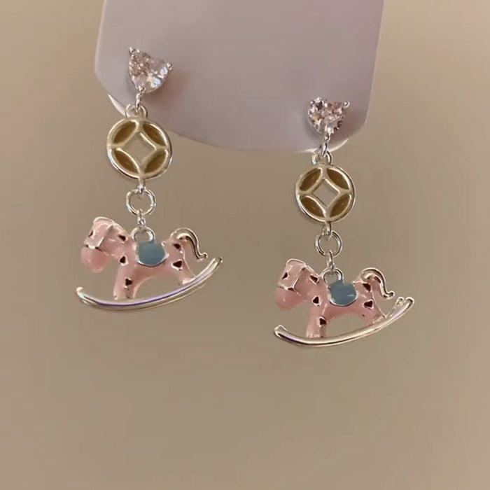 French Light Luxury Alloy Horse Rhinestone Enamel Stud Earrings For Women