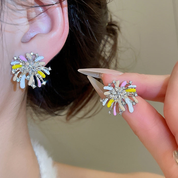 Old Money Alloy Rhinestone Enamel Firework Flower Stud Earrings For Women
