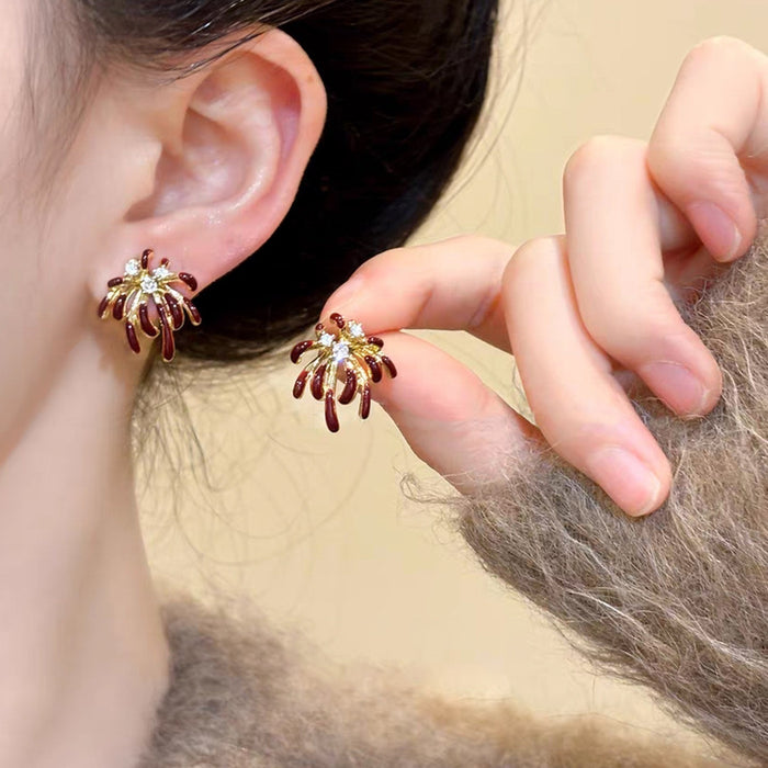 18K Gold Plated Alloy Firework Zircon Enamel Geometric Stud Earrings Light Luxury New Year Jewelry