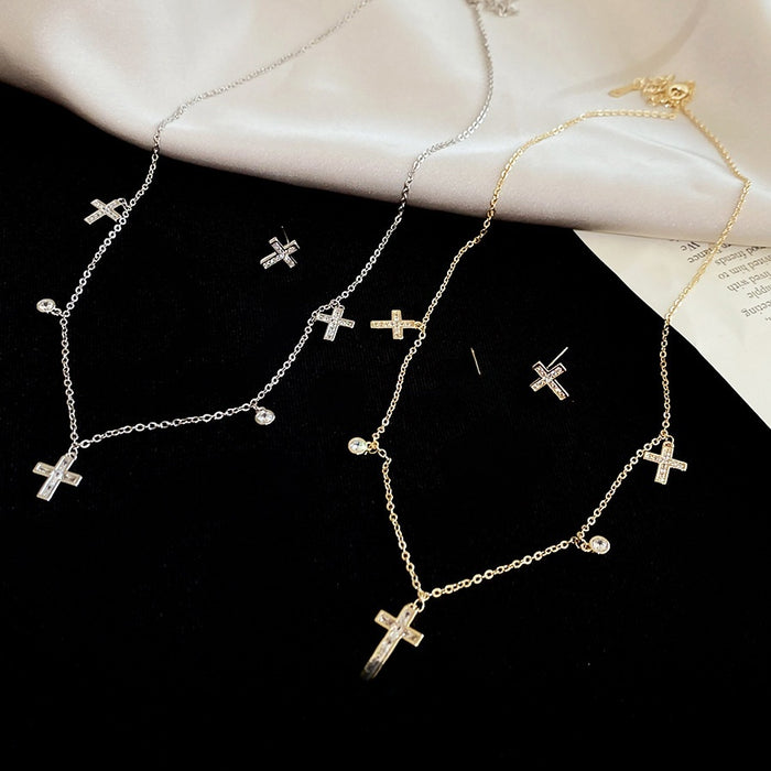 Copper Zircon Cross Stud Earrings And Necklace Jewelry Set For Women, Minimalist Light Luxury Daily Style