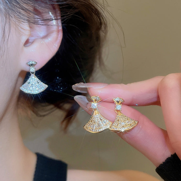 Gold Plated Copper Zircon Fan Geometric Stud Earrings With Silver Pins Old Money Style
