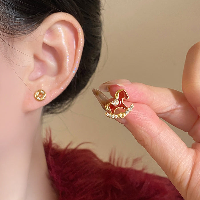 18K Gold Plated Copper Rocking Horse Coin Zircon Stud Earrings Light Luxury Animal Jewelry