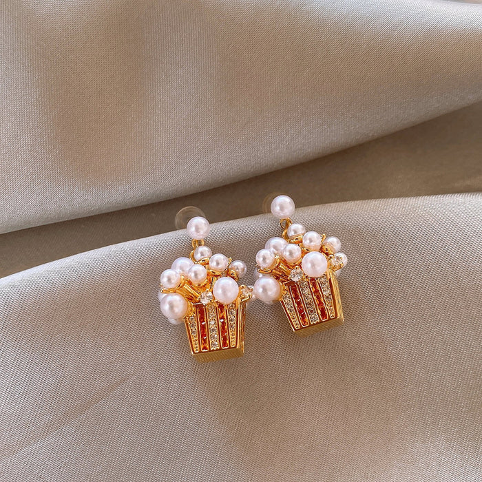 18K Gold Plated Copper Geometric Popcorn Pearl Zircon Stud Earrings With Silver Pins