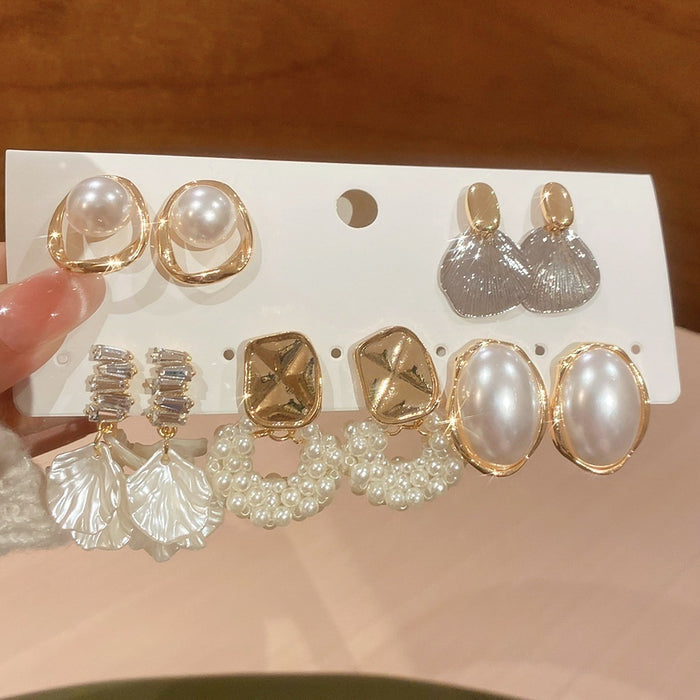 Light Luxury Floral Petal Faux Pearl Rhinestone Stud Earrings Jewelry Set For Women – Gold