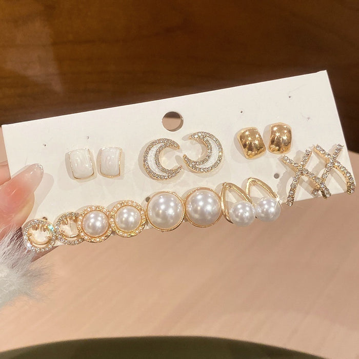 Light Luxury Round Faux Pearl Rhinestone Enamel Stud Earrings For Women