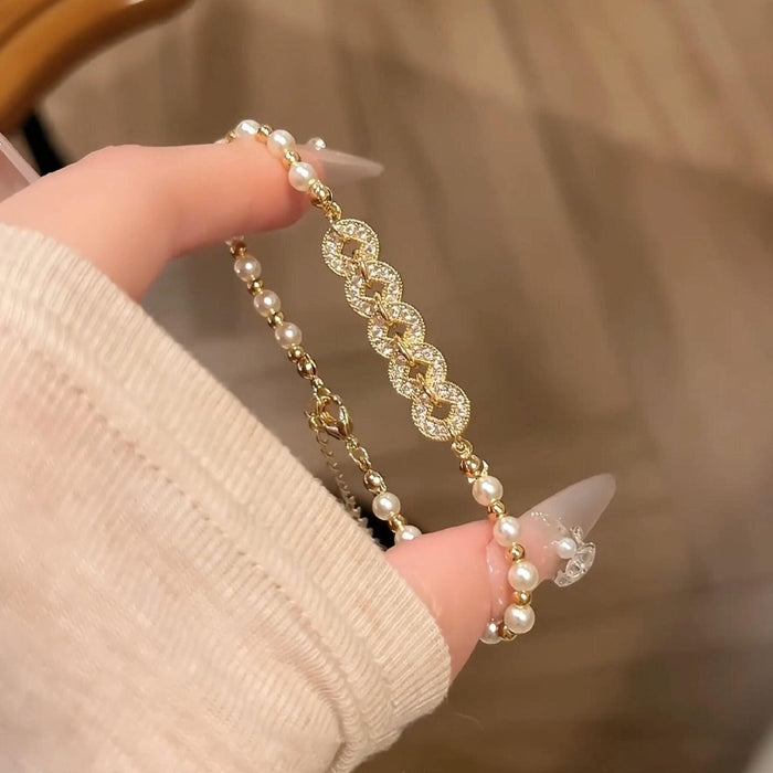Light Luxury New Chinese Style Faux Pearl Zircon Copper Coin Geometric Bangle