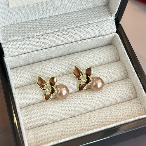 Elegant French Vintage Brown Enamel Flower Petal Alloy Rhinestone Pearl Drop Stud Earrings